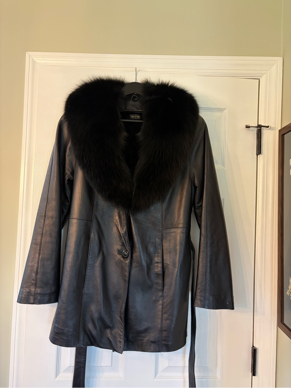 Saga Furs Vintage Black Leather Jacket with Plush Black Fur Collar